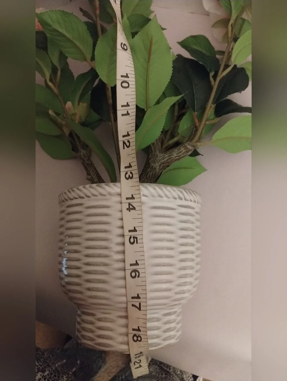Artificial Camellia Pink/White Faux Plant in White Ceramic Pot